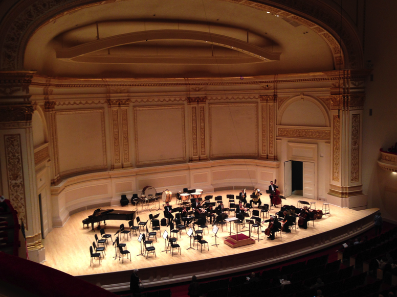 Photograph of the stage of Carnegie Hall in New York City.