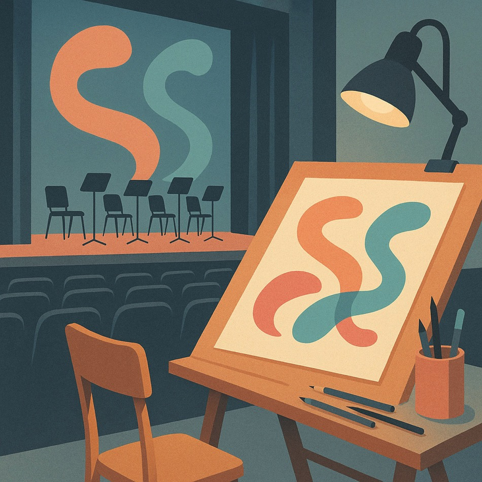 Abstract drafting-table concept facing an empty stage—new music and new presentation in the making.